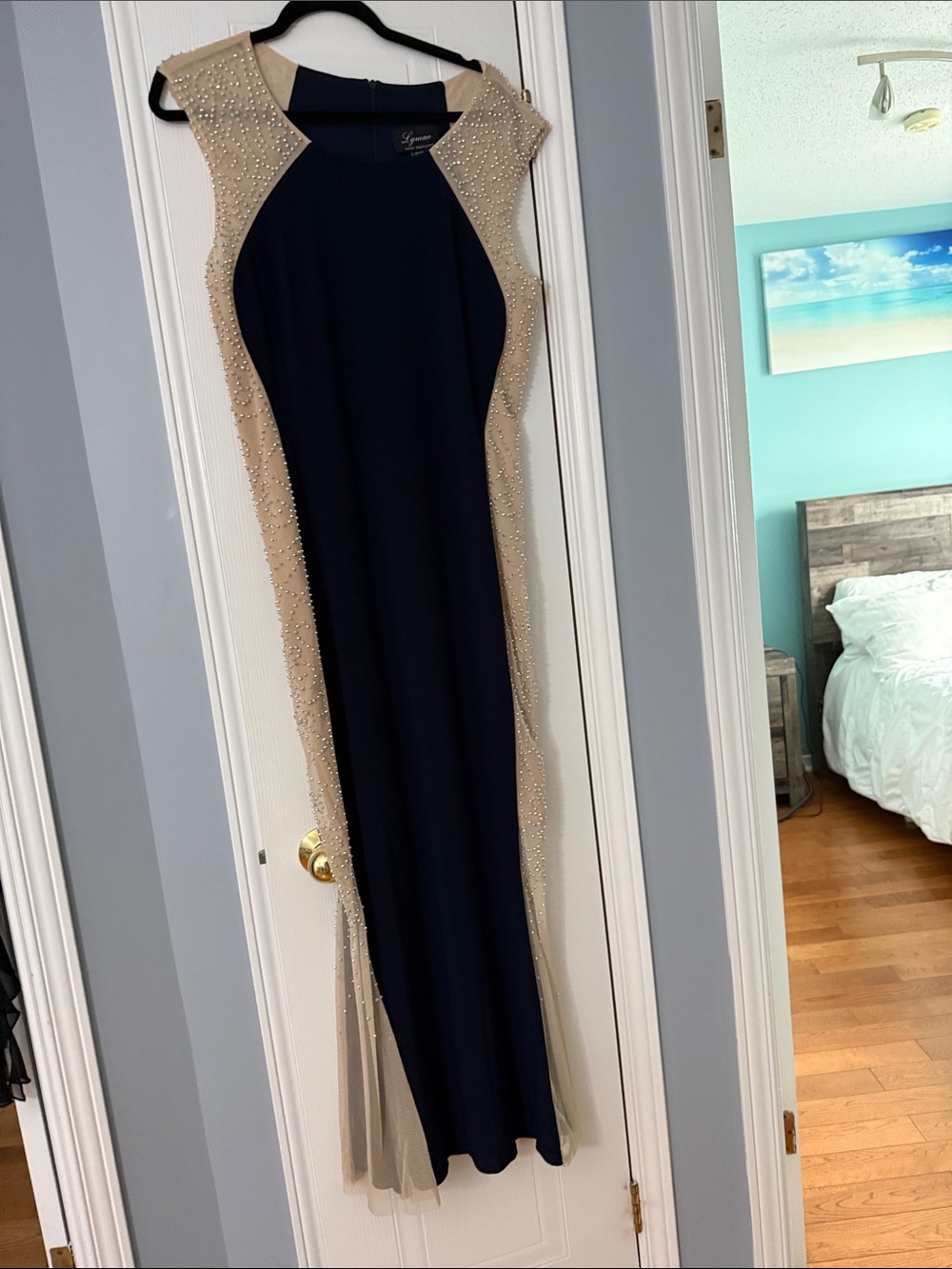 Frank Lyman Design Navy and Beige Beaded Maxi Gown